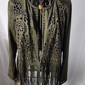 Vintage Soft Fringed Olive Green Cutwork Open Jacket Size M